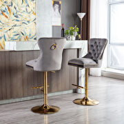 Gray velvet upholstered bar stool with tufted high back and chrome golden base set of 2 by La Spezia additional picture 6