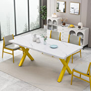 Modern square dining table with printed white marble top and gold x-shape legs by La Spezia additional picture 4