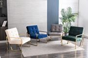 Wide ravia blue velvet tufted upholstered golden metal frame accent armchair additional photo 4 of 14