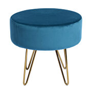 Teal and gold decorative round shaped ottoman with metal legs additional photo 2 of 10