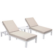 Modern outdoor white chaise lounge chair set of 2 with side table & beige cushions by Leisure Mod additional picture 2