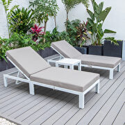 Modern outdoor white chaise lounge chair set of 2 with side table & beige cushions by Leisure Mod additional picture 3