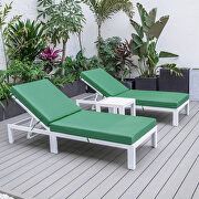Modern outdoor white chaise lounge chair set of 2 with side table & green cushions by Leisure Mod additional picture 3