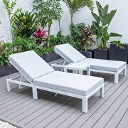 Modern outdoor white chaise lounge chair set of 2 with side table & light gray cushions by Leisure Mod additional picture 3