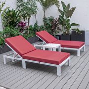 Modern outdoor white chaise lounge chair set of 2 with side table & red cushions by Leisure Mod additional picture 3