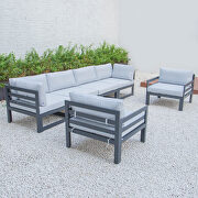 Light gray cushions 6-piece patio armchair sectional black aluminum by Leisure Mod additional picture 2