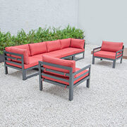 Red cushions 6-piece patio armchair sectional black aluminum by Leisure Mod additional picture 2