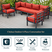 Red finish cushions 6-piece patio sectional black aluminum by Leisure Mod additional picture 2