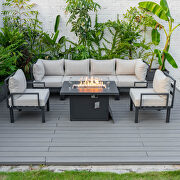 Beige cushions 7-piece patio sectional and fire pit table black aluminum by Leisure Mod additional picture 2