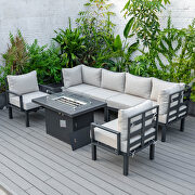 Beige cushions 7-piece patio sectional and fire pit table black aluminum by Leisure Mod additional picture 3