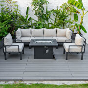 Beige cushions 7-piece patio sectional and fire pit table black aluminum by Leisure Mod additional picture 4
