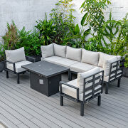 Beige cushions 7-piece patio sectional and fire pit table black aluminum by Leisure Mod additional picture 5