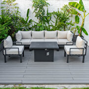 Beige cushions 7-piece patio sectional and fire pit table black aluminum by Leisure Mod additional picture 6