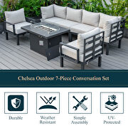 Beige cushions 7-piece patio sectional and fire pit table black aluminum by Leisure Mod additional picture 7