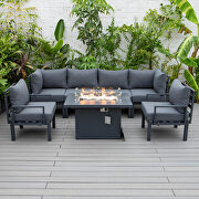 Black cushions 7-piece patio sectional and fire pit table black aluminum by Leisure Mod additional picture 3