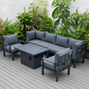 Black cushions 7-piece patio sectional and fire pit table black aluminum by Leisure Mod additional picture 5