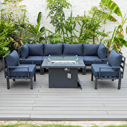 Blue cushions 7-piece patio sectional and fire pit table black aluminum by Leisure Mod additional picture 2