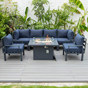 Blue cushions 7-piece patio sectional and fire pit table black aluminum by Leisure Mod additional picture 3
