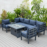 Blue cushions 7-piece patio sectional and fire pit table black aluminum by Leisure Mod additional picture 4