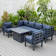 Blue cushions 7-piece patio sectional and fire pit table black aluminum by Leisure Mod additional picture 5
