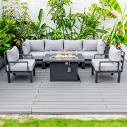 Light gray cushions 7-piece patio sectional and fire pit table black aluminum by Leisure Mod additional picture 3