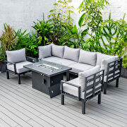 Light gray cushions 7-piece patio sectional and fire pit table black aluminum by Leisure Mod additional picture 4