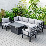 Light gray cushions 7-piece patio sectional and fire pit table black aluminum by Leisure Mod additional picture 5