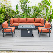 Orange cushions 7-piece patio sectional and fire pit table black aluminum by Leisure Mod additional picture 2