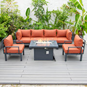 Orange cushions 7-piece patio sectional and fire pit table black aluminum by Leisure Mod additional picture 3