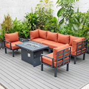 Orange cushions 7-piece patio sectional and fire pit table black aluminum by Leisure Mod additional picture 4