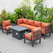 Orange cushions 7-piece patio sectional and fire pit table black aluminum by Leisure Mod additional picture 5