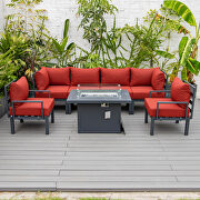 Red cushions 7-piece patio sectional and fire pit table black aluminum by Leisure Mod additional picture 2
