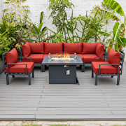 Red cushions 7-piece patio sectional and fire pit table black aluminum by Leisure Mod additional picture 3