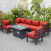 Red cushions 7-piece patio sectional and fire pit table black aluminum by Leisure Mod additional picture 4