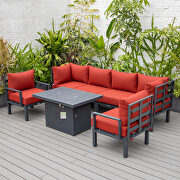 Red cushions 7-piece patio sectional and fire pit table black aluminum by Leisure Mod additional picture 5