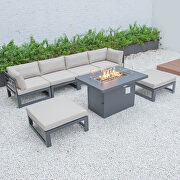 Beige cushions 7-piece patio ottoman sectional and fire pit table black aluminum by Leisure Mod additional picture 2