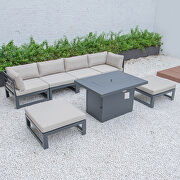Beige cushions 7-piece patio ottoman sectional and fire pit table black aluminum by Leisure Mod additional picture 3