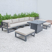 Beige cushions 7-piece patio ottoman sectional and fire pit table black aluminum by Leisure Mod additional picture 8