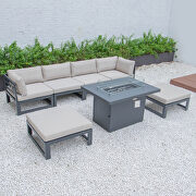 Beige cushions 7-piece patio ottoman sectional and fire pit table black aluminum by Leisure Mod additional picture 9