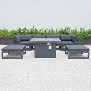 Black cushions 7-piece patio ottoman sectional and fire pit table black aluminum by Leisure Mod additional picture 2