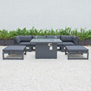 Black cushions 7-piece patio ottoman sectional and fire pit table black aluminum by Leisure Mod additional picture 9