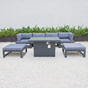 Blue cushions 7-piece patio ottoman sectional and fire pit table black aluminum by Leisure Mod additional picture 2