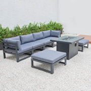 Blue cushions 7-piece patio ottoman sectional and fire pit table black aluminum by Leisure Mod additional picture 8
