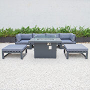 Blue cushions 7-piece patio ottoman sectional and fire pit table black aluminum by Leisure Mod additional picture 9