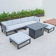 Light gray cushions 7-piece patio ottoman sectional and fire pit table black aluminum by Leisure Mod additional picture 2