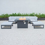 Light gray cushions 7-piece patio ottoman sectional and fire pit table black aluminum by Leisure Mod additional picture 3