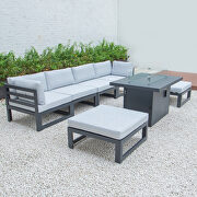 Light gray cushions 7-piece patio ottoman sectional and fire pit table black aluminum by Leisure Mod additional picture 9