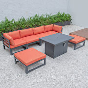 Orange cushions 7-piece patio ottoman sectional and fire pit table black aluminum by Leisure Mod additional picture 2