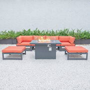 Orange cushions 7-piece patio ottoman sectional and fire pit table black aluminum by Leisure Mod additional picture 3