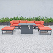 Orange cushions 7-piece patio ottoman sectional and fire pit table black aluminum by Leisure Mod additional picture 9